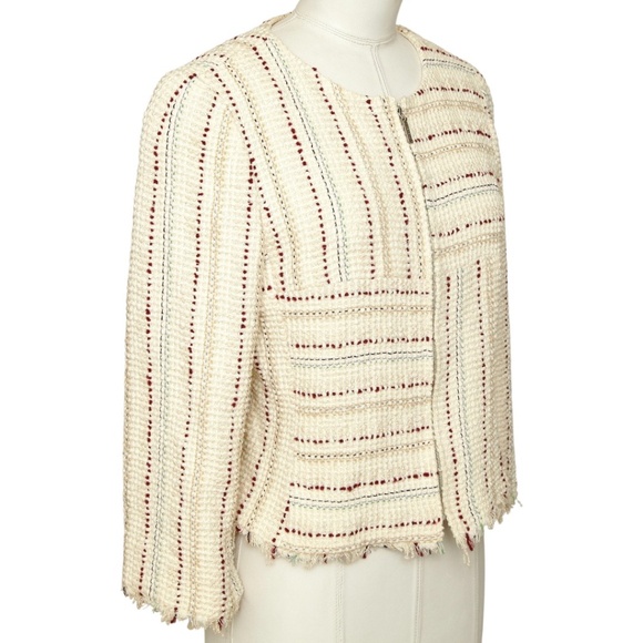 CHANEL Striped Tweed Jacket Blazer Ivory Cropped 3/4 Sleeve Chain Sz XS VINTAGE - Picture 3 of 9